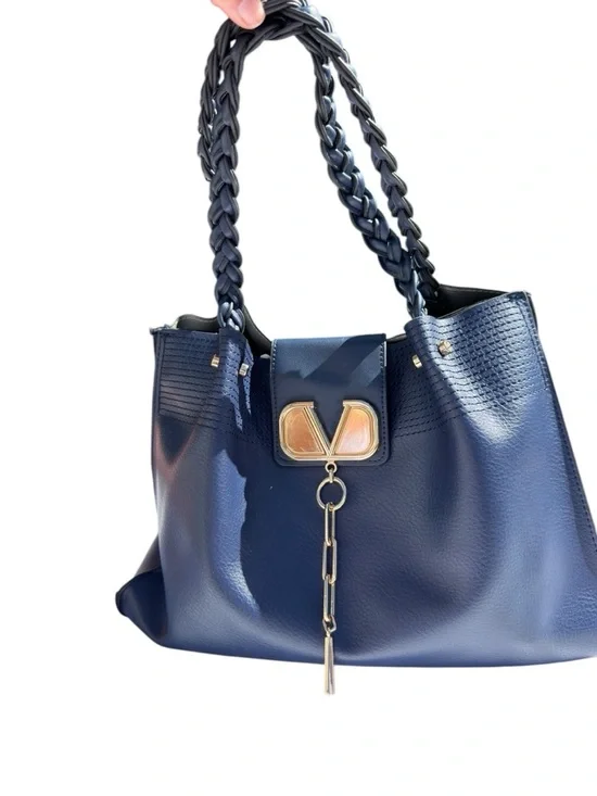 Women’s Navy Leather Tote with Gold Accent - Picture 1 of 12
